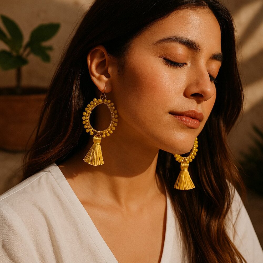 Mustard Faceted Glass Bead tassle Thread Gold Tone Drop Shape Earring